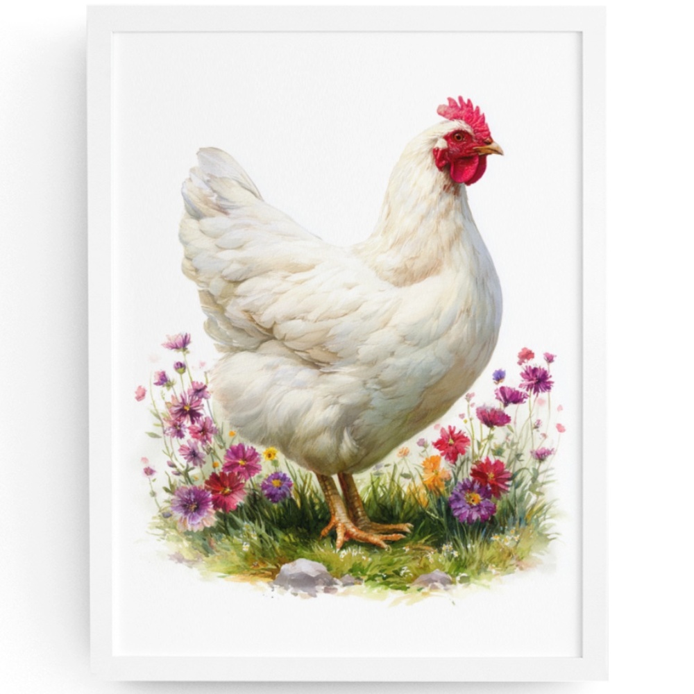 Watercolor White Chicken Portrait Wall Art Print Poster, Unframed – Rustic Charm